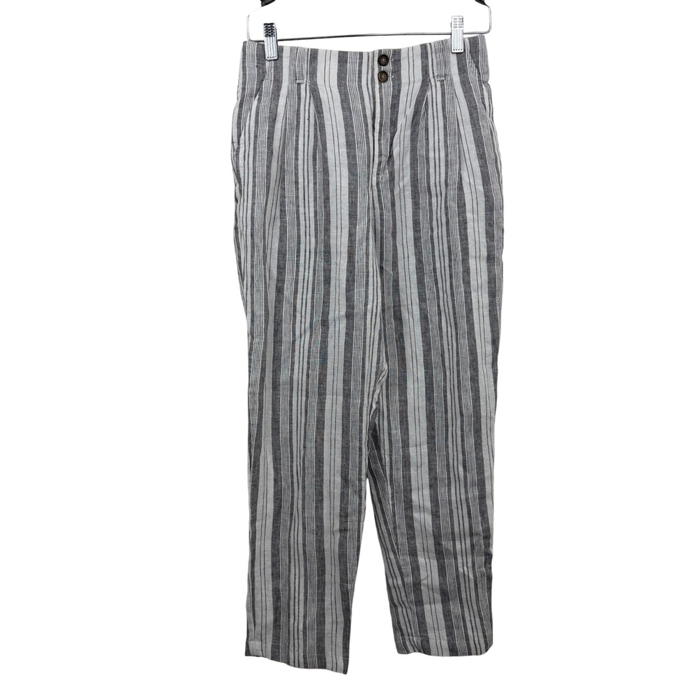 Garnet Hill Pants Womens 4 Grey Striped Linen Pleated Tapered Leg Casual Resort